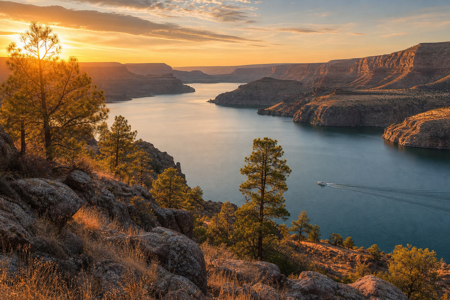 Golden-hour overlook above Roosevelt Lake with canyon ridgelines, pine edges, and a boat gliding across calm water