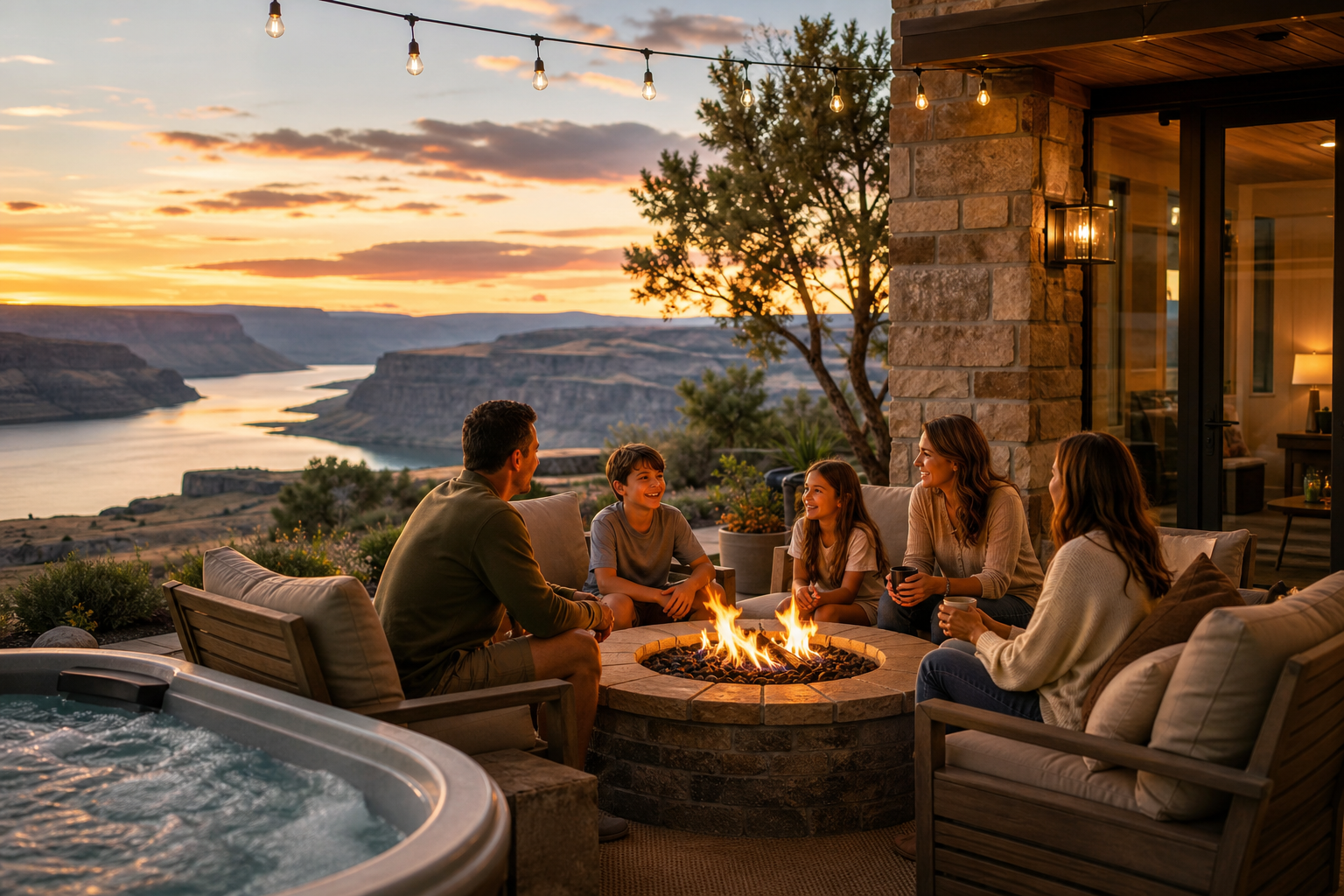 Family relaxing around a villa fire pit at sunset with Grand Coulee views and warm outdoor lighting