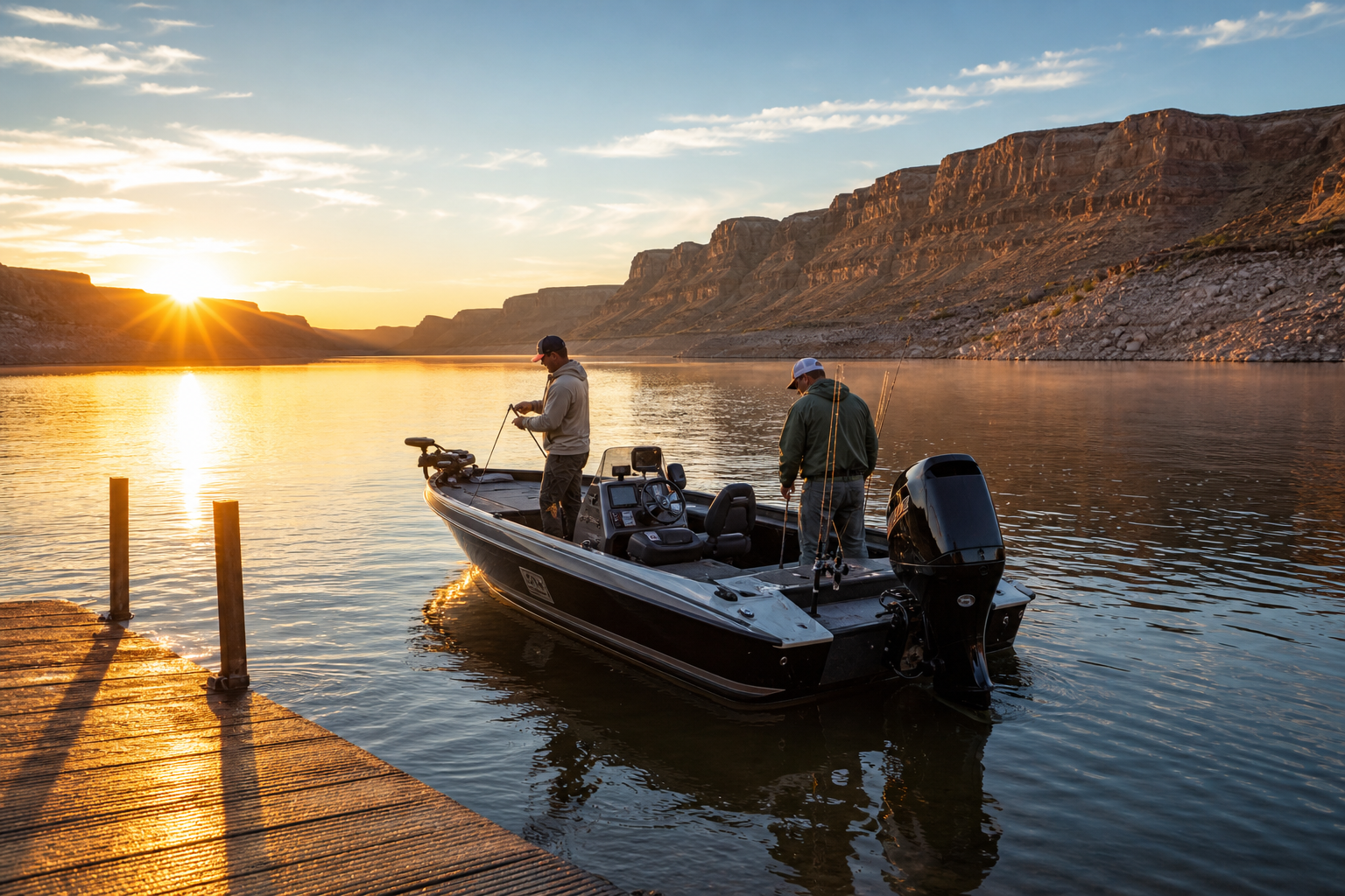 Sunrise fishing boat departing a calm Roosevelt Lake launch with canyon walls in the background