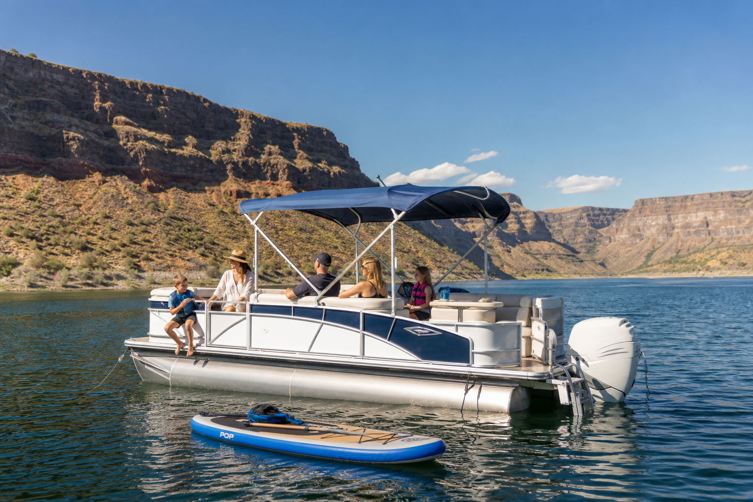 Premium pontoon boat floating near canyon walls on a sunny lake afternoon