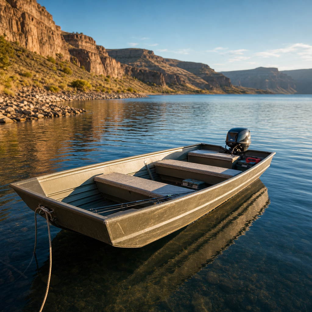Small Jon-style fishing boat drifting on calm lake water near a rocky shoreline in soft morning light