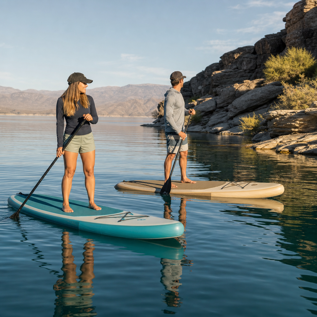 Two stand-up paddle boards gliding on calm morning water near rocky shoreline
