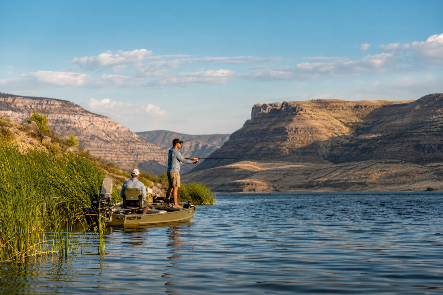 Wide lakeside fishing scene with a small Jon boat near the shoreline and layered canyon hills beyond