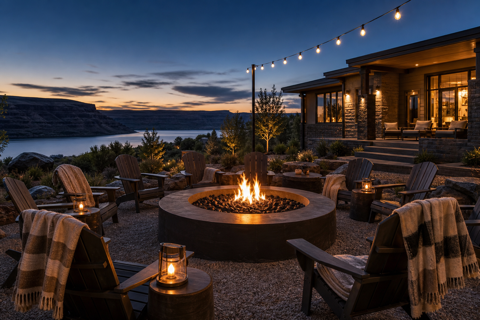 Twilight fire-pit circle beside a villa with mountain silhouettes and cozy outdoor lounge chairs