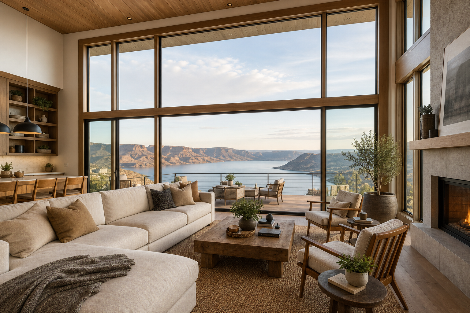 Expansive premium villa living room with floor-to-ceiling windows framing lake and canyon views