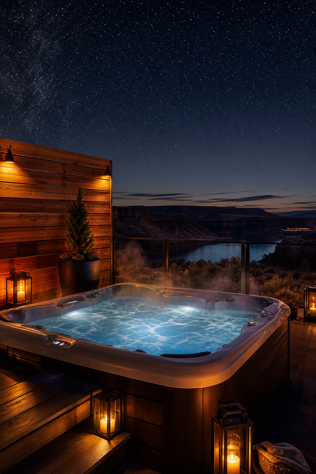 Evening hot tub terrace with steam rising, soft lantern lighting, and starry sky above the canyon