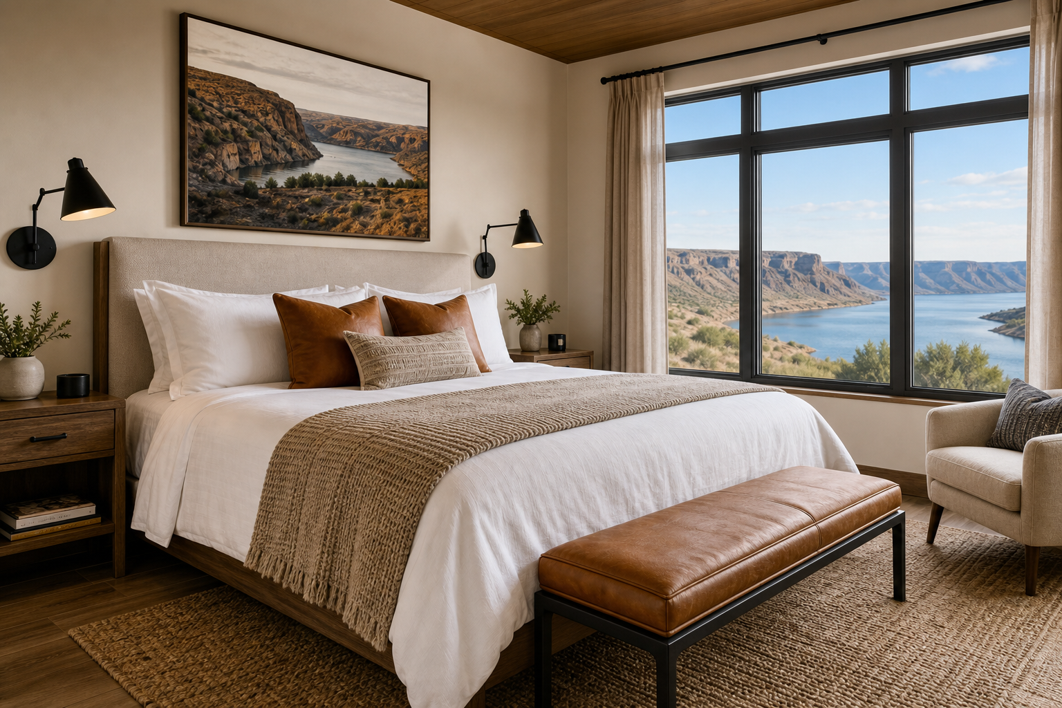 Warm one-bedroom villa suite with plush bedding, wood textures, and soft natural light