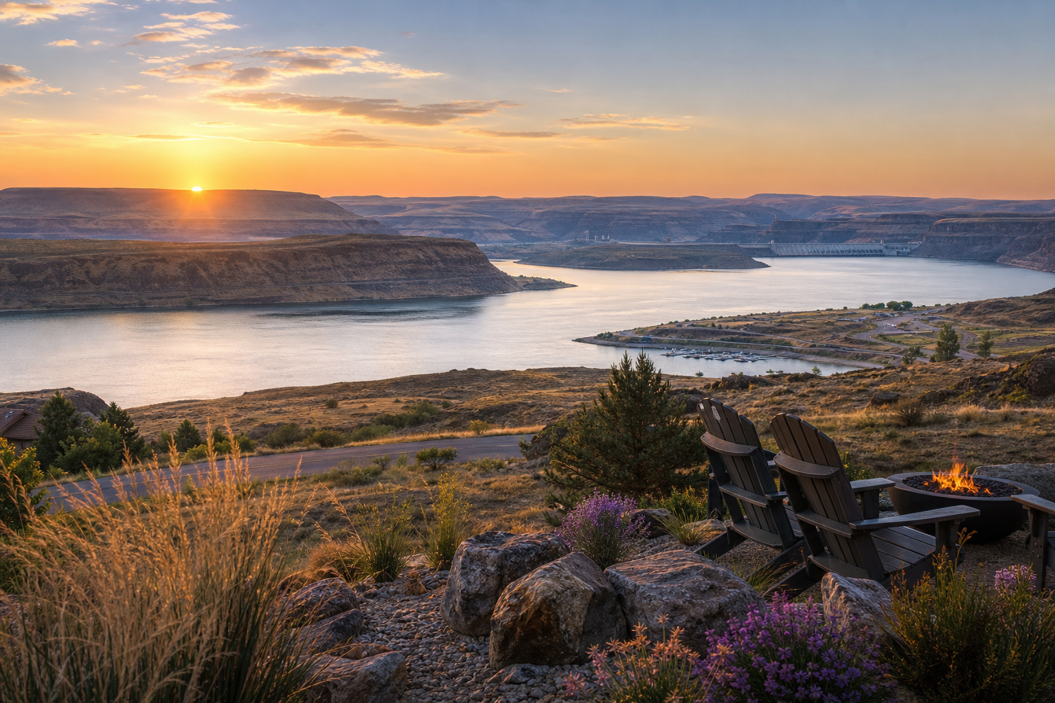Sunrise overlook view from the villa bluff showing Roosevelt Lake and the distant Grand Coulee landscape