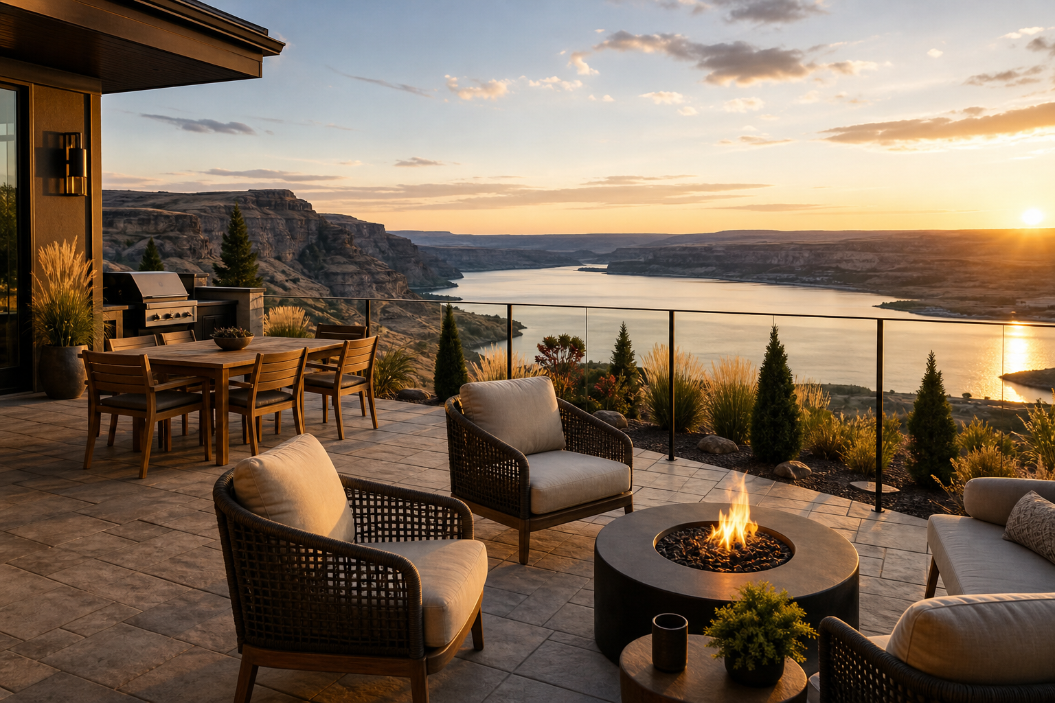 Private villa patio with cushioned seating, dining table, and panoramic overlook railing