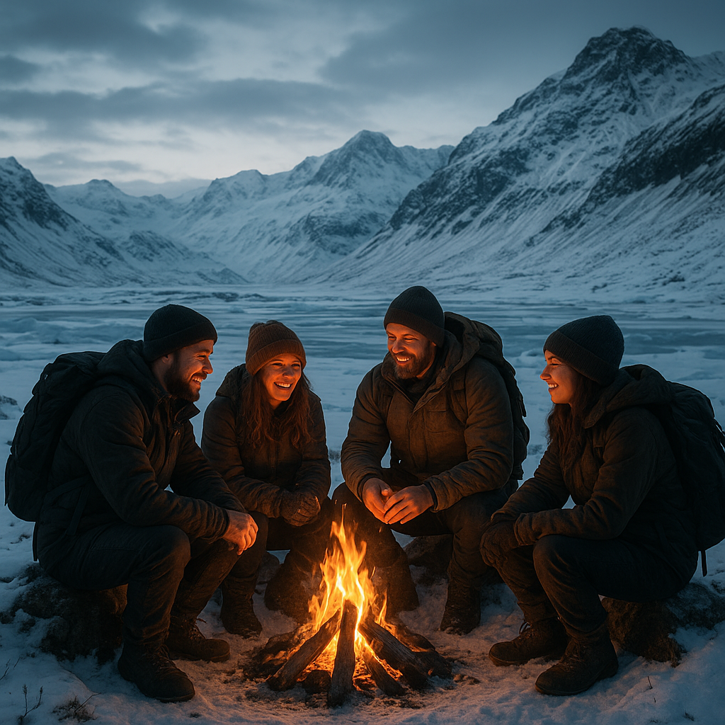 Group gathered around a campfire on snowy terrain, sharing stories with mountains in background