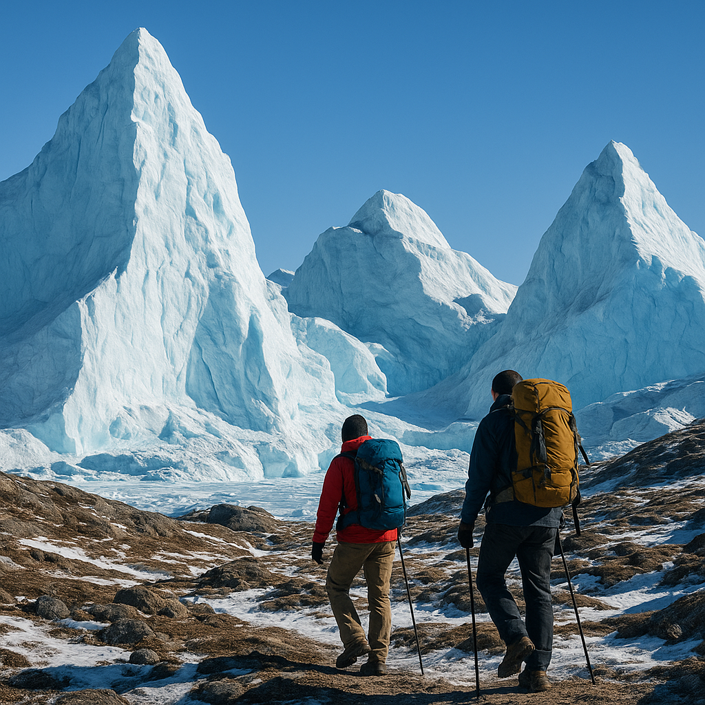 Travelers hiking past towering icebergs under a blue sky in Greenland