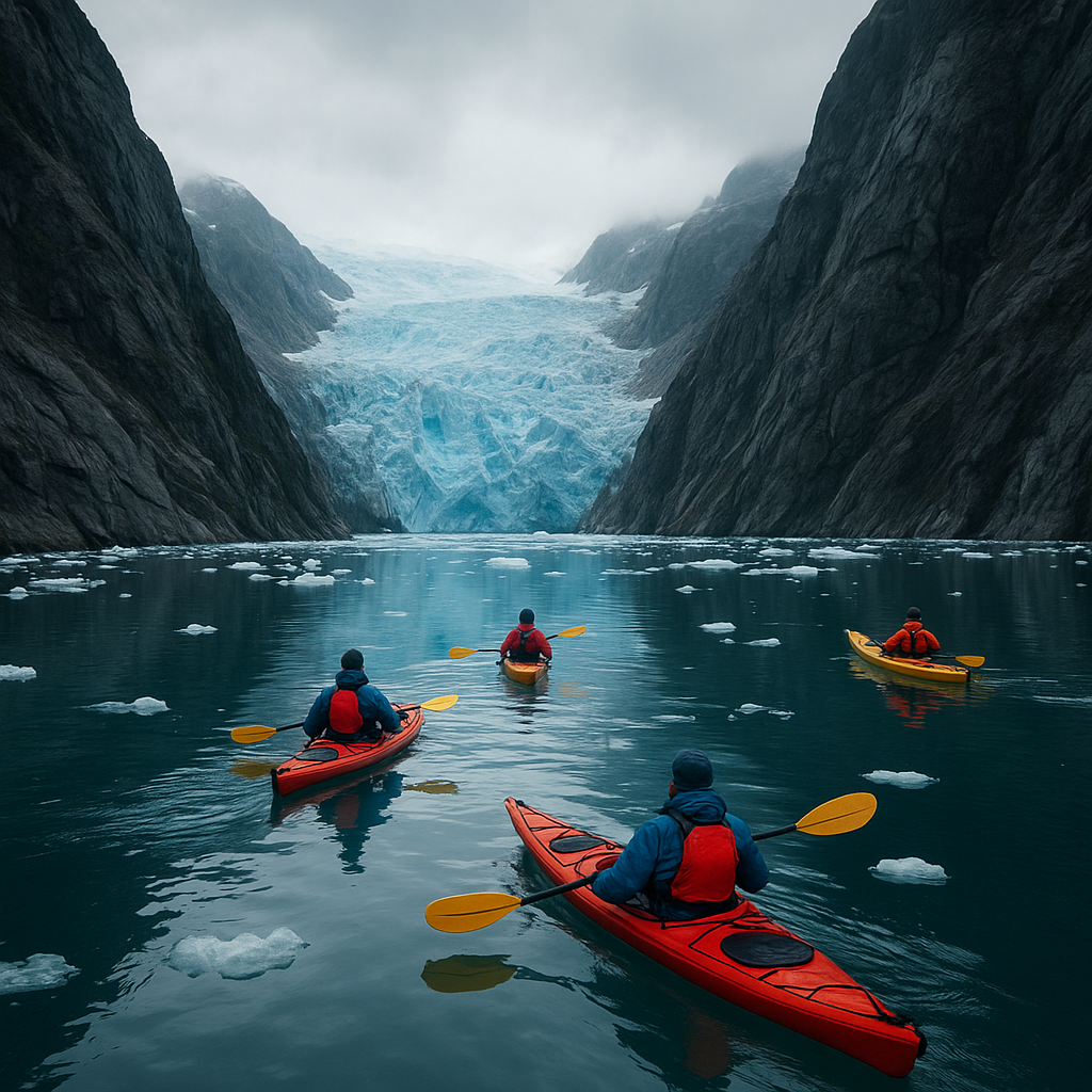 Kayaks gliding through icy fjords surrounded by dramatic cliffs and glaciers