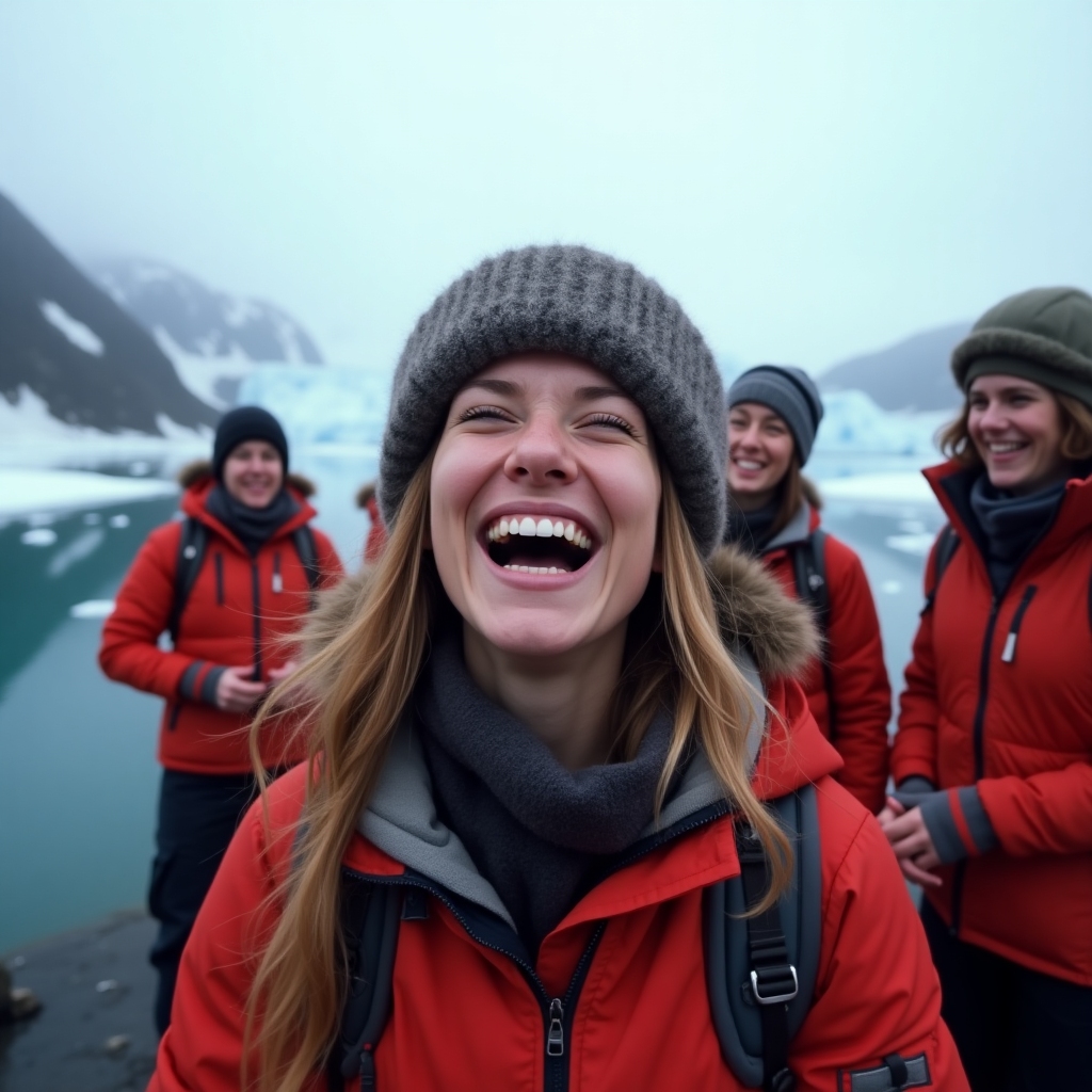 Amelie, laughing with a group of fellow explorers on ice