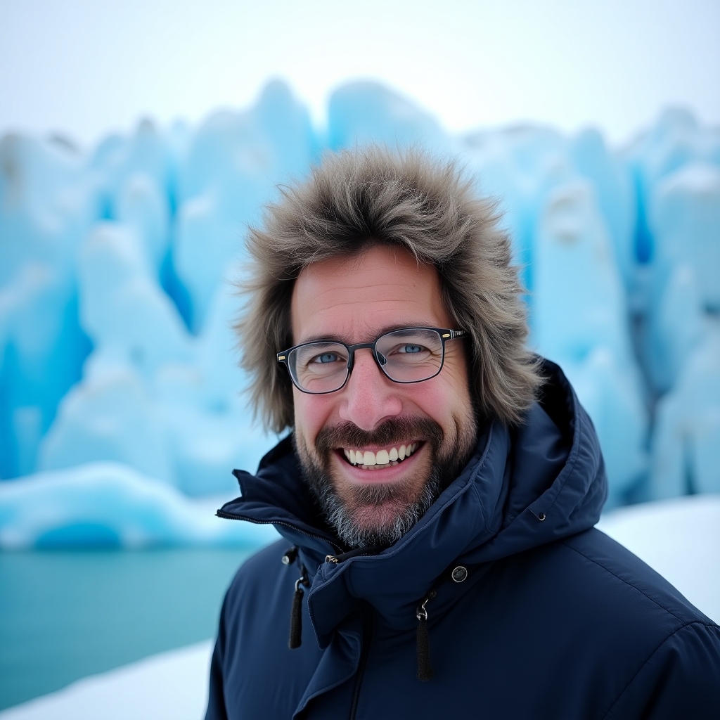 Markus, bundled up and smiling beside a glacier