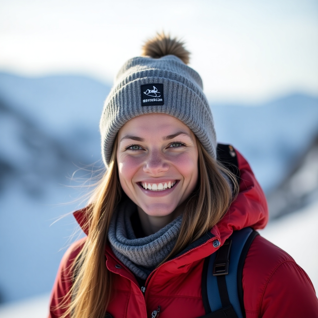 Sarah, smiling with snowy mountains in the background