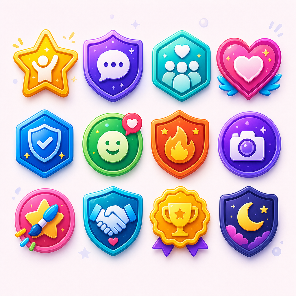 Collection of teen achievement badges in bright colors