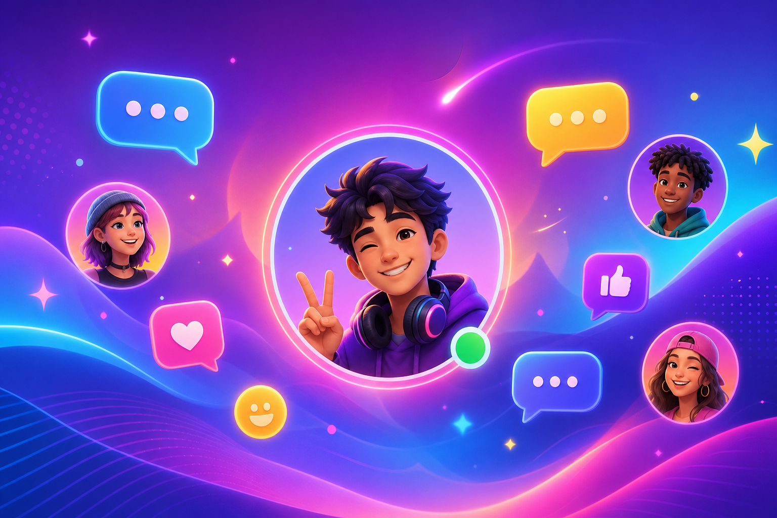 Colorful banner image with floating chat bubbles and neon gradient