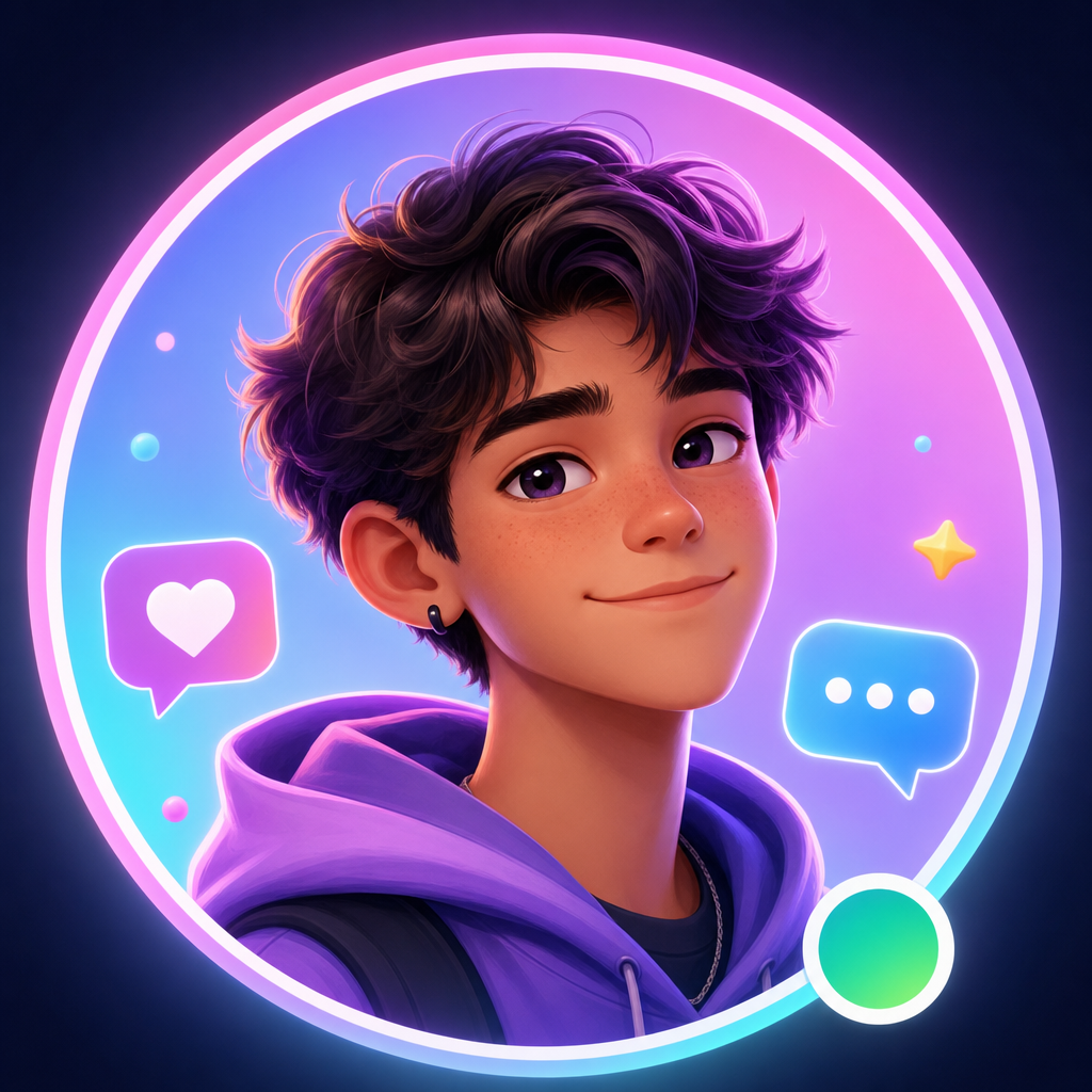 Modern teen profile mockup with avatar, banner, badges, and pastel interface