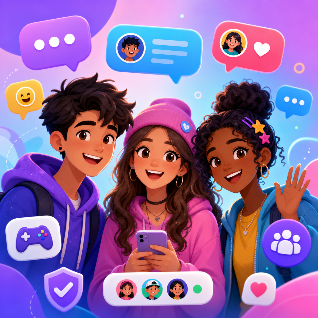 Friendly teen avatars with colorful floating chat bubbles and playful UI elements