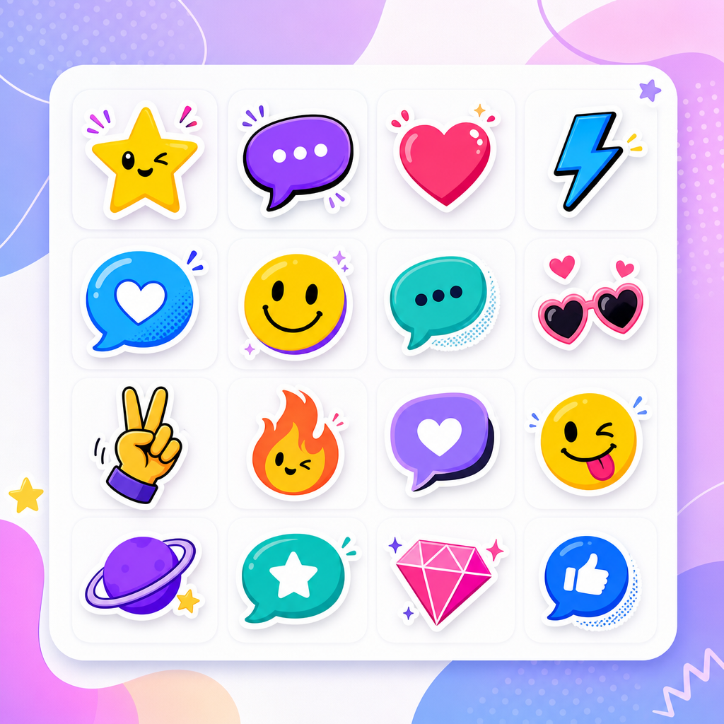 A playful sticker pack showing colorful chat stickers like stars, hearts, and speech bubbles