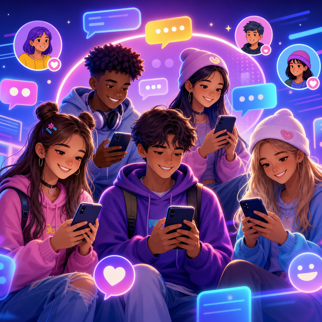 Colorful illustration of diverse teens chatting with floating avatars and glowing message bubbles