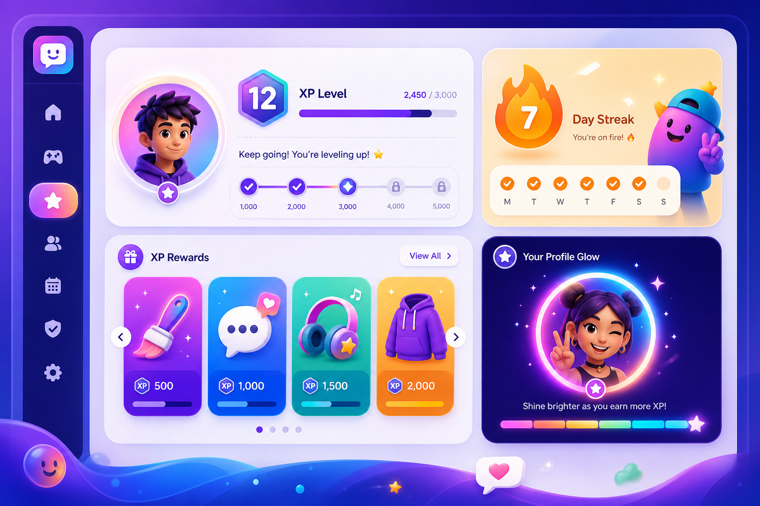 A colorful teen-friendly XP dashboard mockup with levels, streaks, and rewards cards
