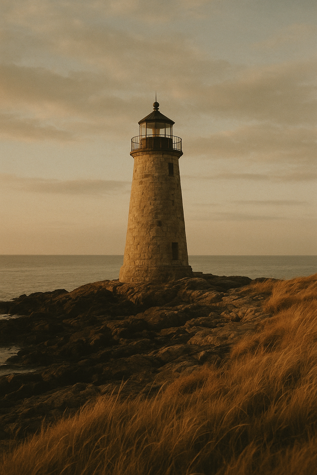 Weathered stone lighthouse on a rugged northern shoreline at golden-hour light with warm archival tones