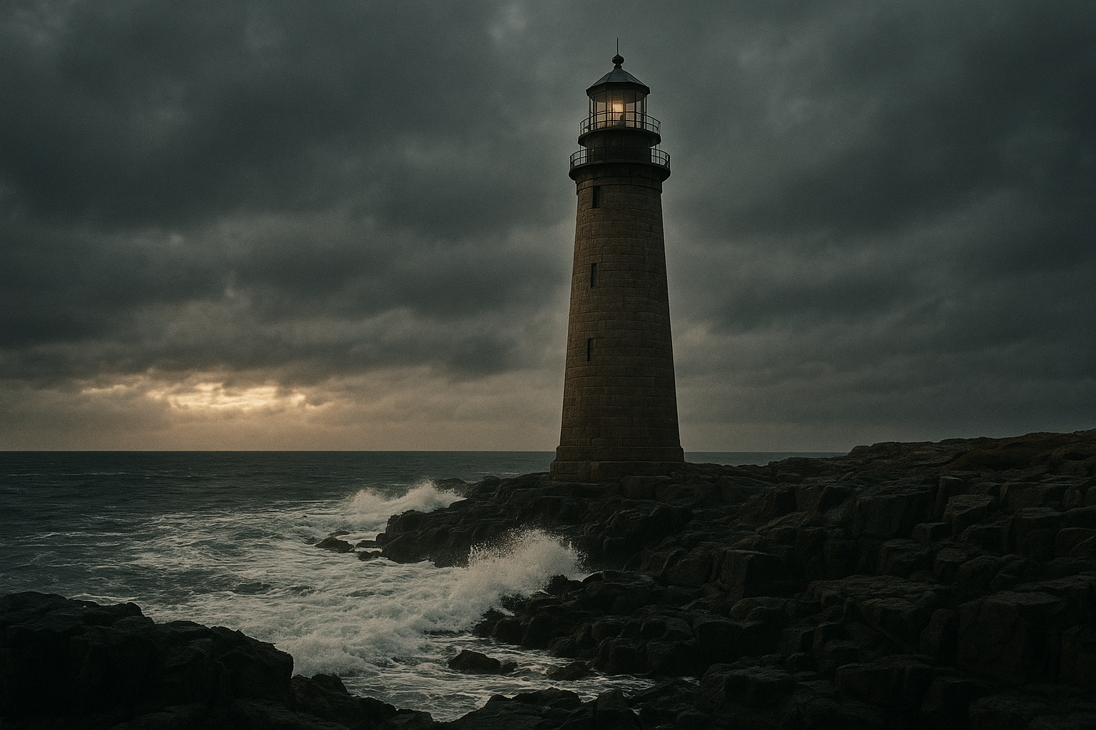 Wide coastal lighthouse on a storm-bright evening with surf breaking along dark rocks