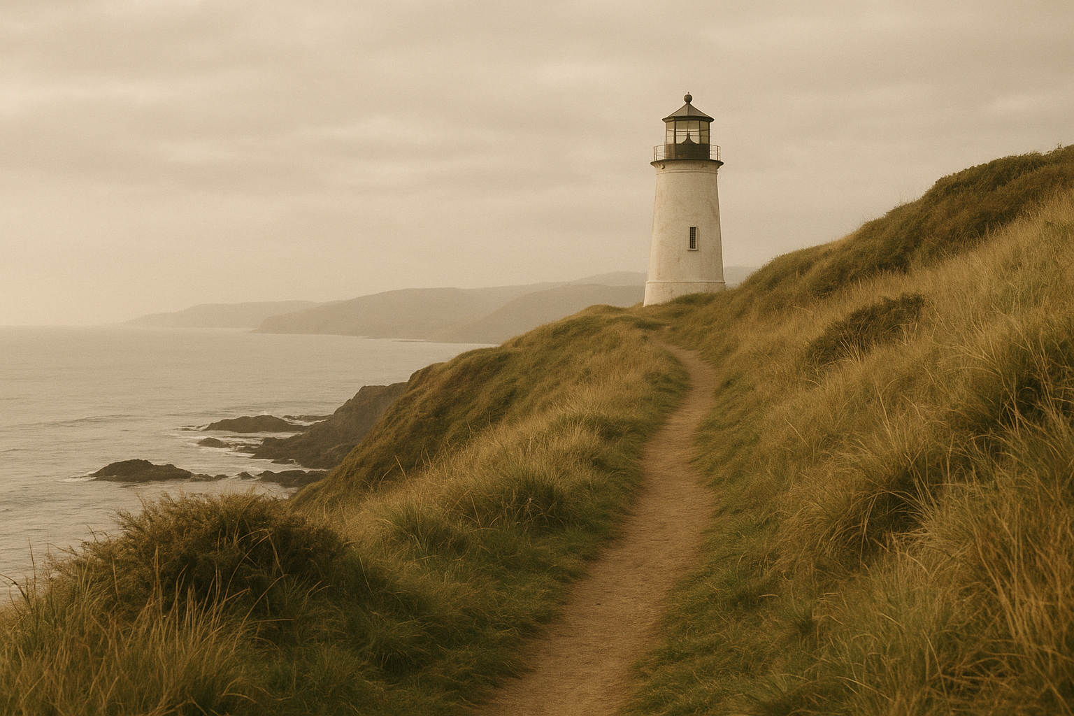 Cliffside path approaching a preserved white lighthouse above coastal grass