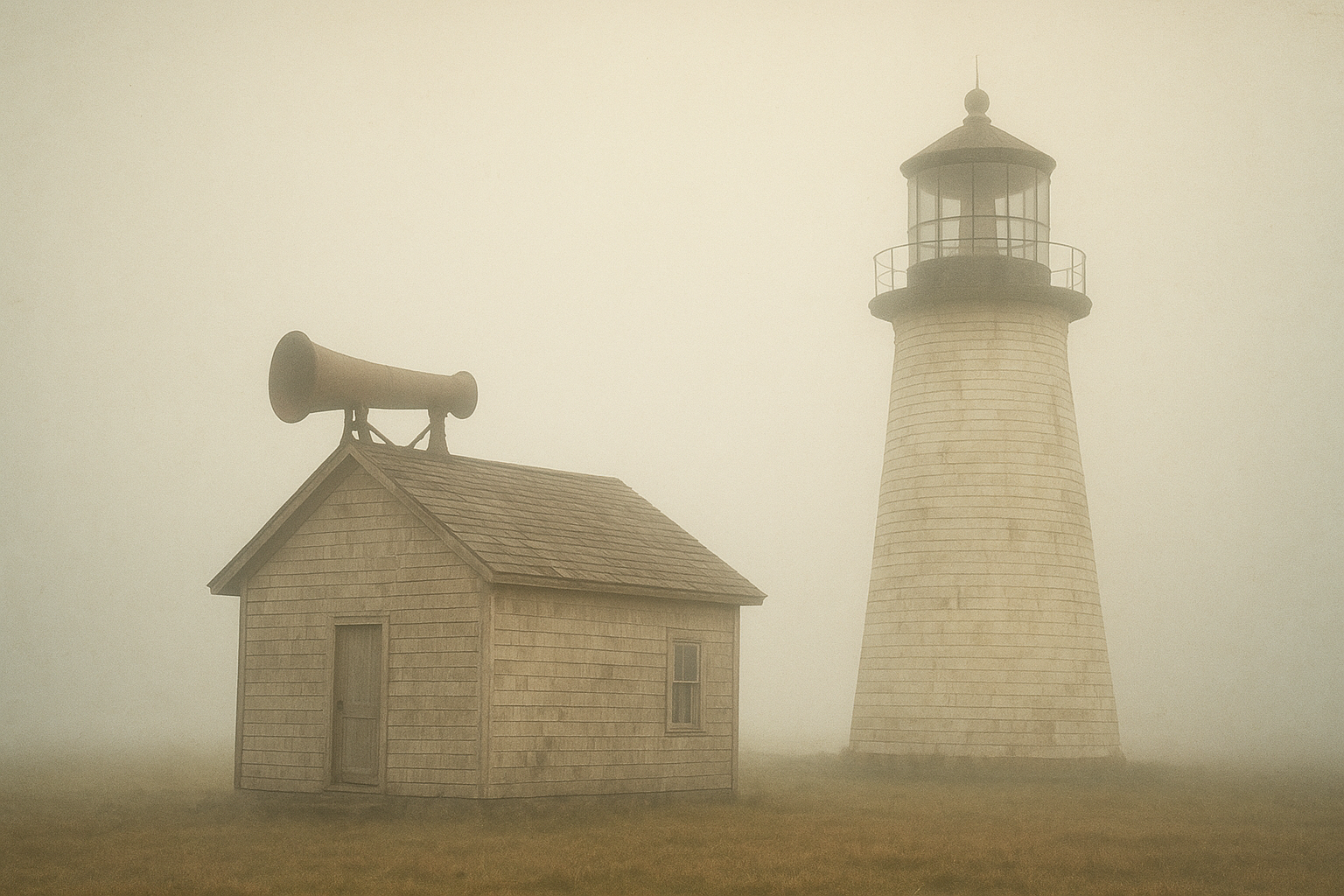 Fog horn building beside a lighthouse in soft morning mist