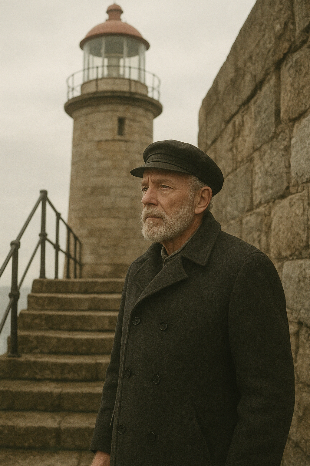 Portrait-style view of a lighthouse keeper near stone steps and railing