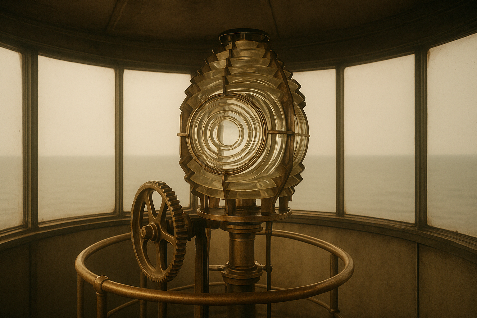 Interior lens room with polished Fresnel lens and brass mechanisms