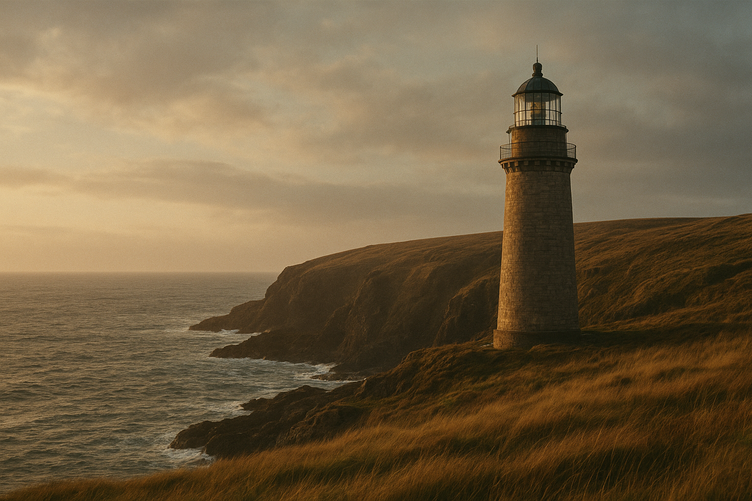 Solitary stone lighthouse on a rugged northern coastline at late afternoon, with windswept grass, dark sea, and warm filmic light breaking through coastal haze