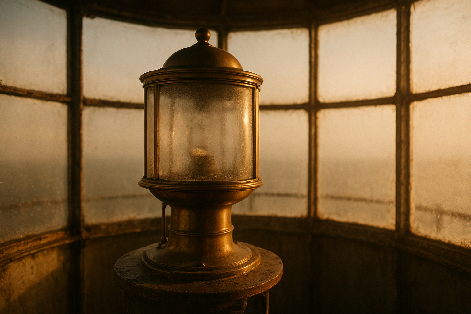 Close view of a brass lighthouse lamp room with hand-polished glass and worn metal surfaces in warm late-afternoon light