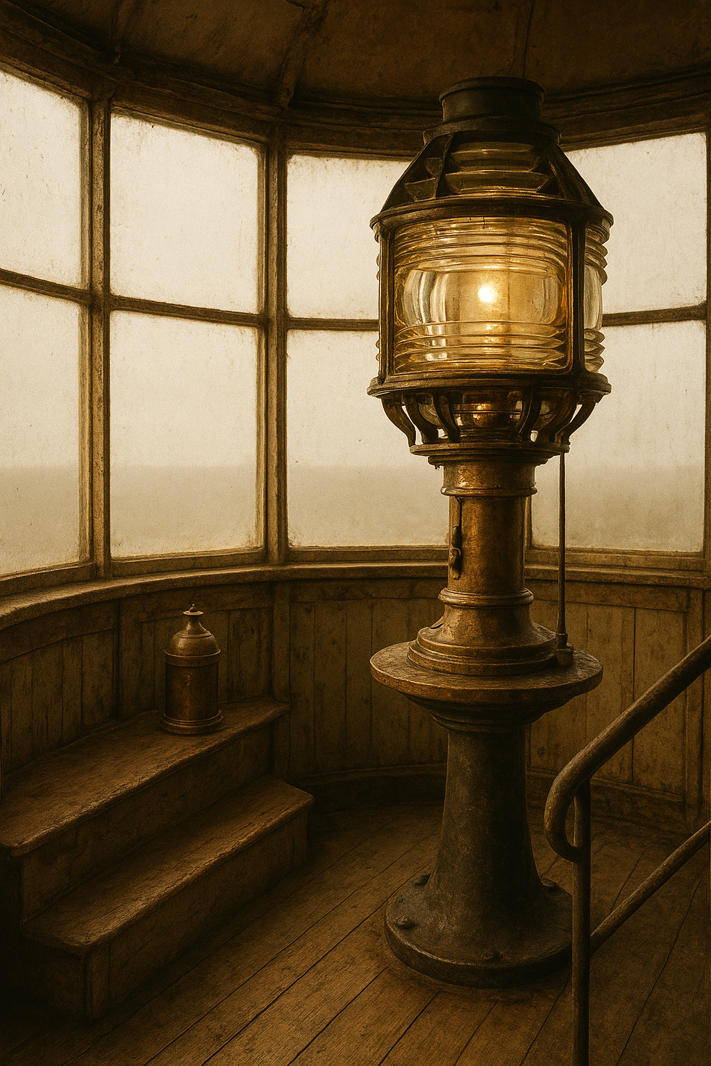 Warm-toned historical close-up of a lighthouse lantern room with worn brass fittings, weathered wood steps, and soft window light