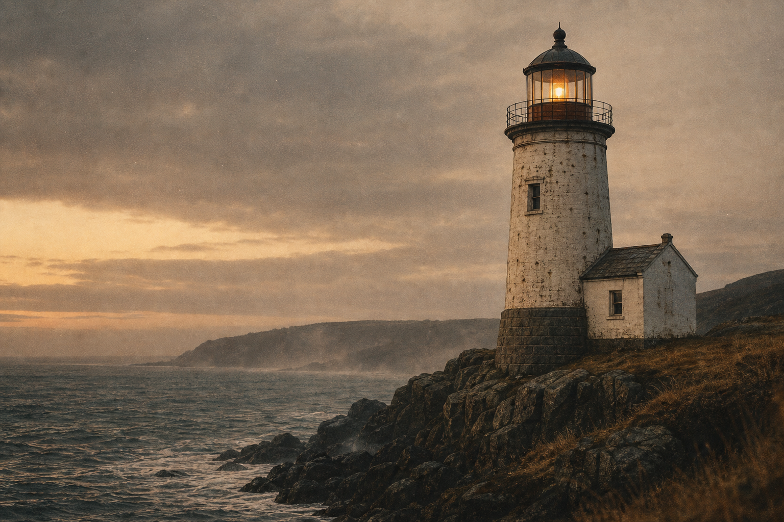 Atmospheric warm-film photograph of a solitary lighthouse on a rugged northern shoreline at dusk, with sea mist, weathered stone cliffs, and subdued slate-blue water