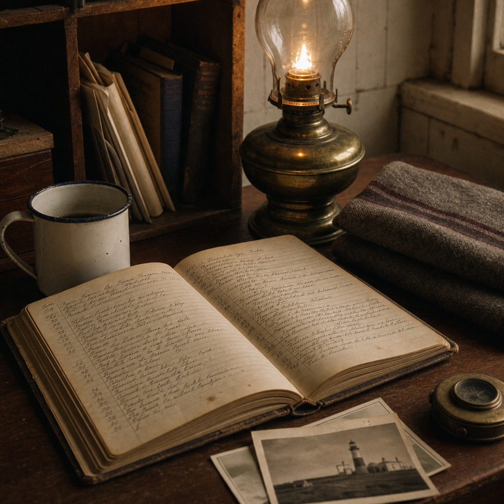 Still-life detail of keeper quarters with logbook, enamel mug, and oil lamp