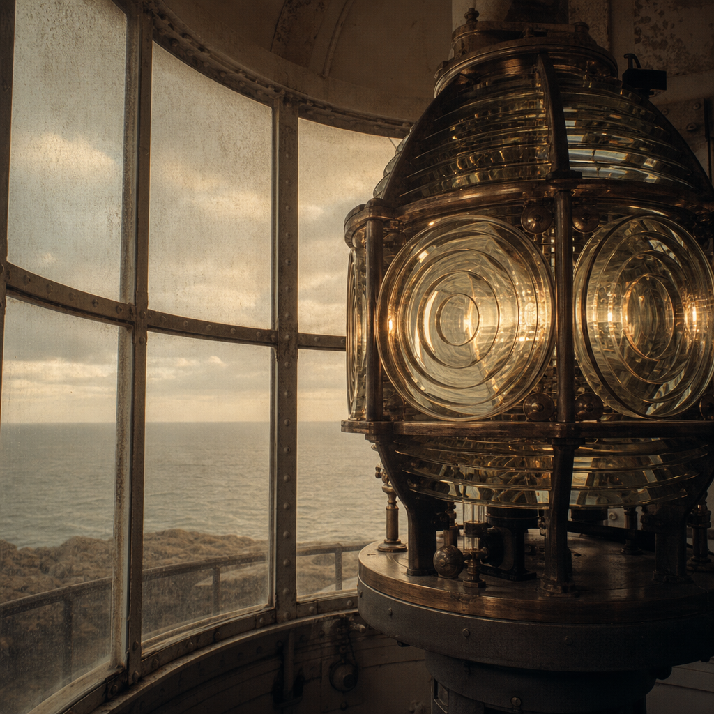 Close archival interior of a lighthouse lantern room with brass optics and window panes