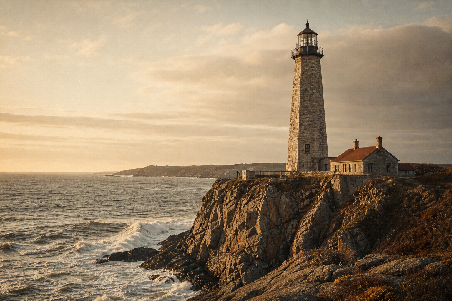 Wide archival view of a granite lighthouse on a windswept cliff at golden dusk