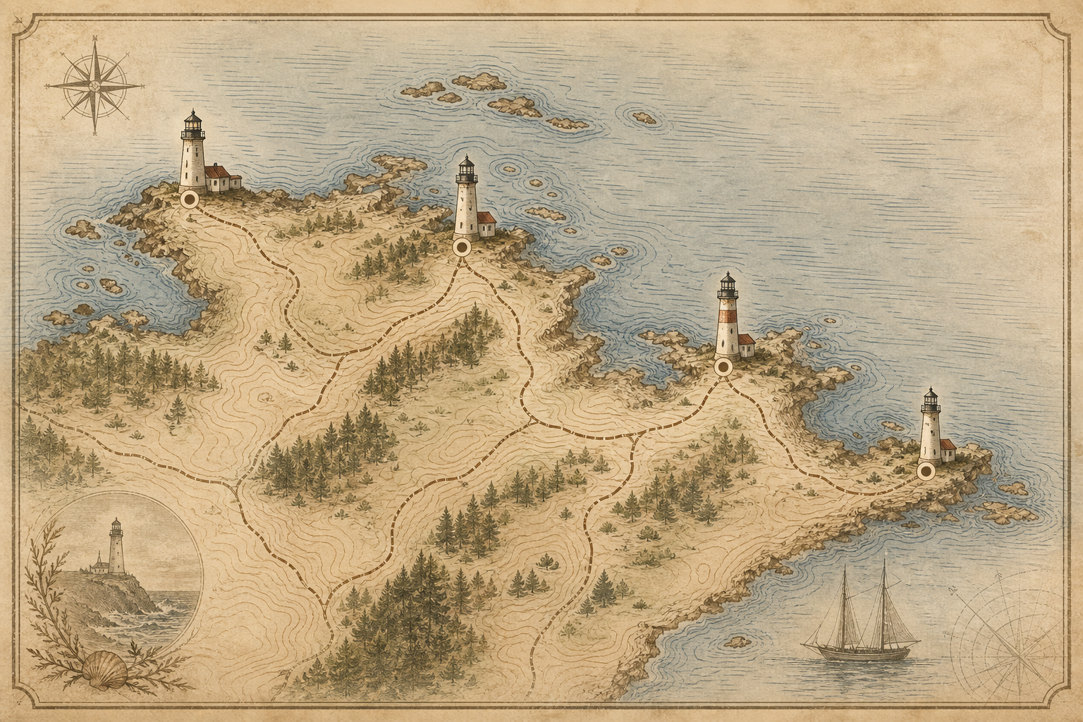 Warm-toned illustrated coastal map with shoreline contours and four marked lighthouse preservation points