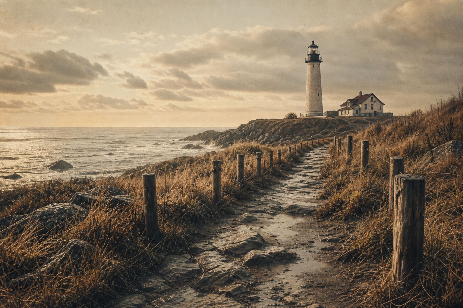 Coastal path leading to a lighthouse across dune grass and wet stones