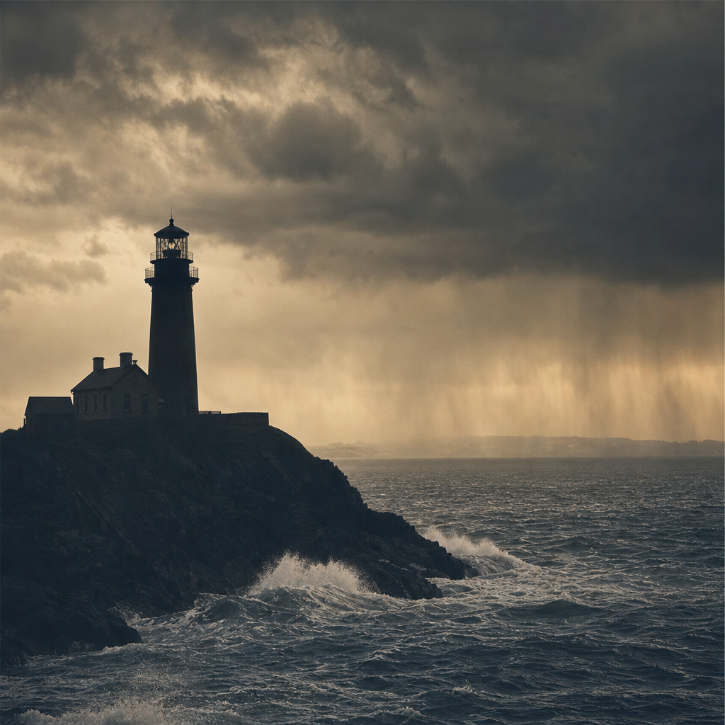 Dark silhouette of a lighthouse facing an incoming storm front over rough water