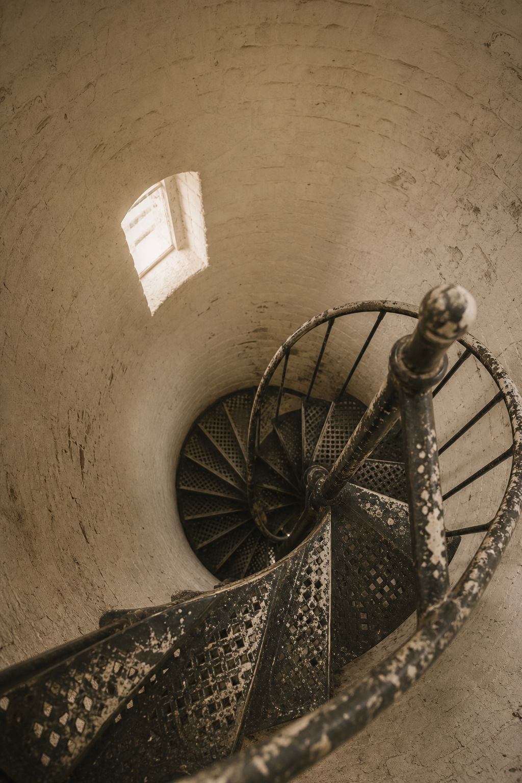 Narrow worn metal stairway spiraling upward inside an old lighthouse shaft