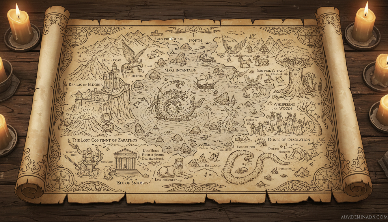 Hand-illustrated ancient parchment map filled with fantasy mythic creatures, legendary beasts, and ancient lands, in an epic fantasy art style