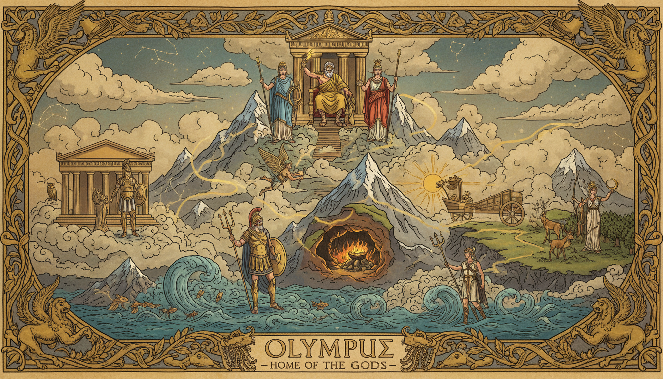 Illustrated map of Olympus mountain featuring gods and mythological elements