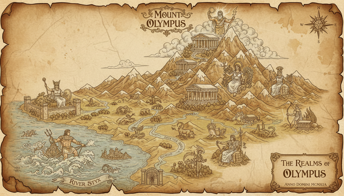 Fantasy illustrated map of Olympus mountain with gods, temples, and mythic landscapes in ancient parchment style