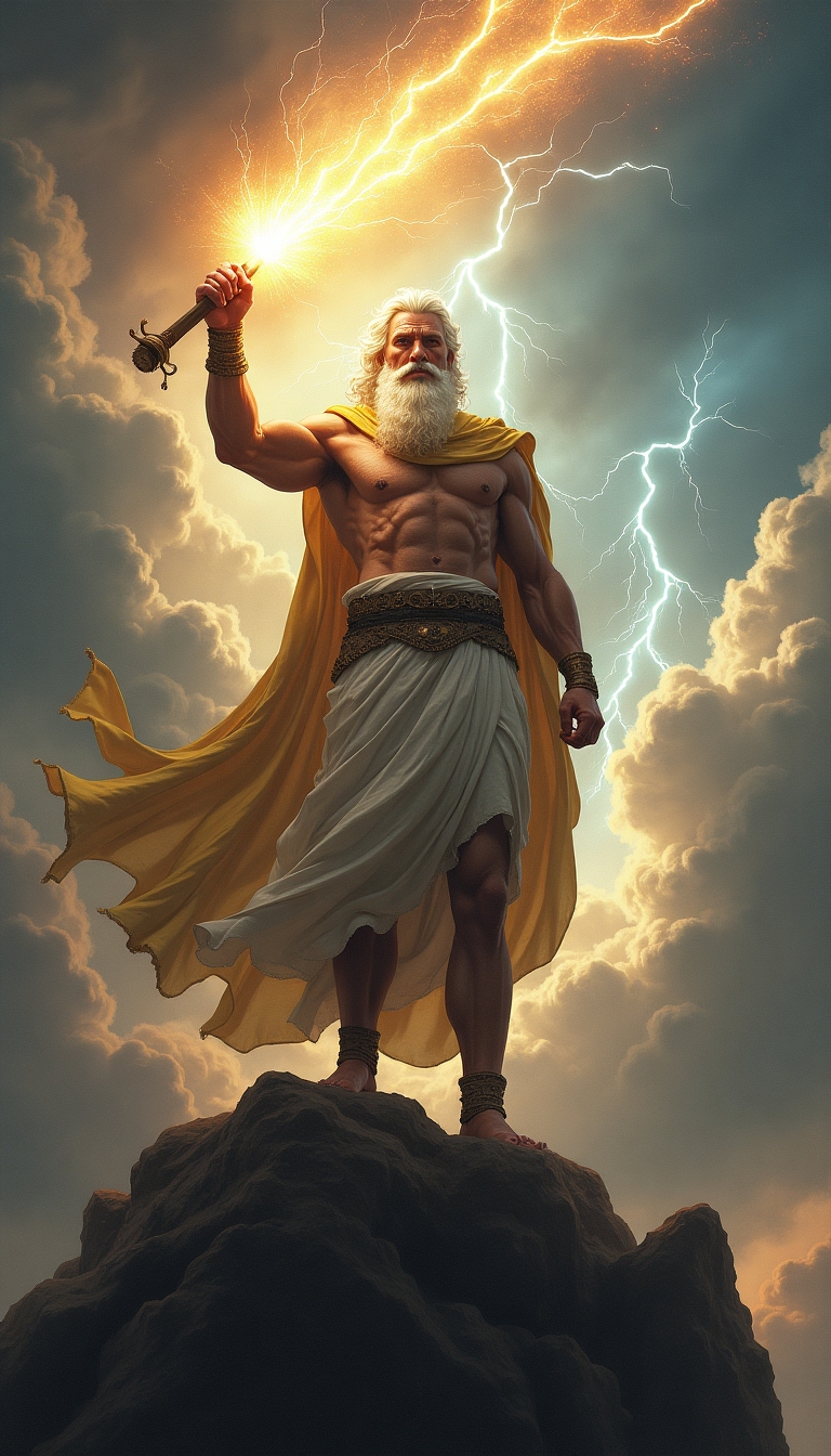 Fantasy illustration of Zeus holding thunder, in an ancient mythological style. Zeus stands powerfully, thunderbolt raised, with a dramatic, stormy sky and epic lighting.