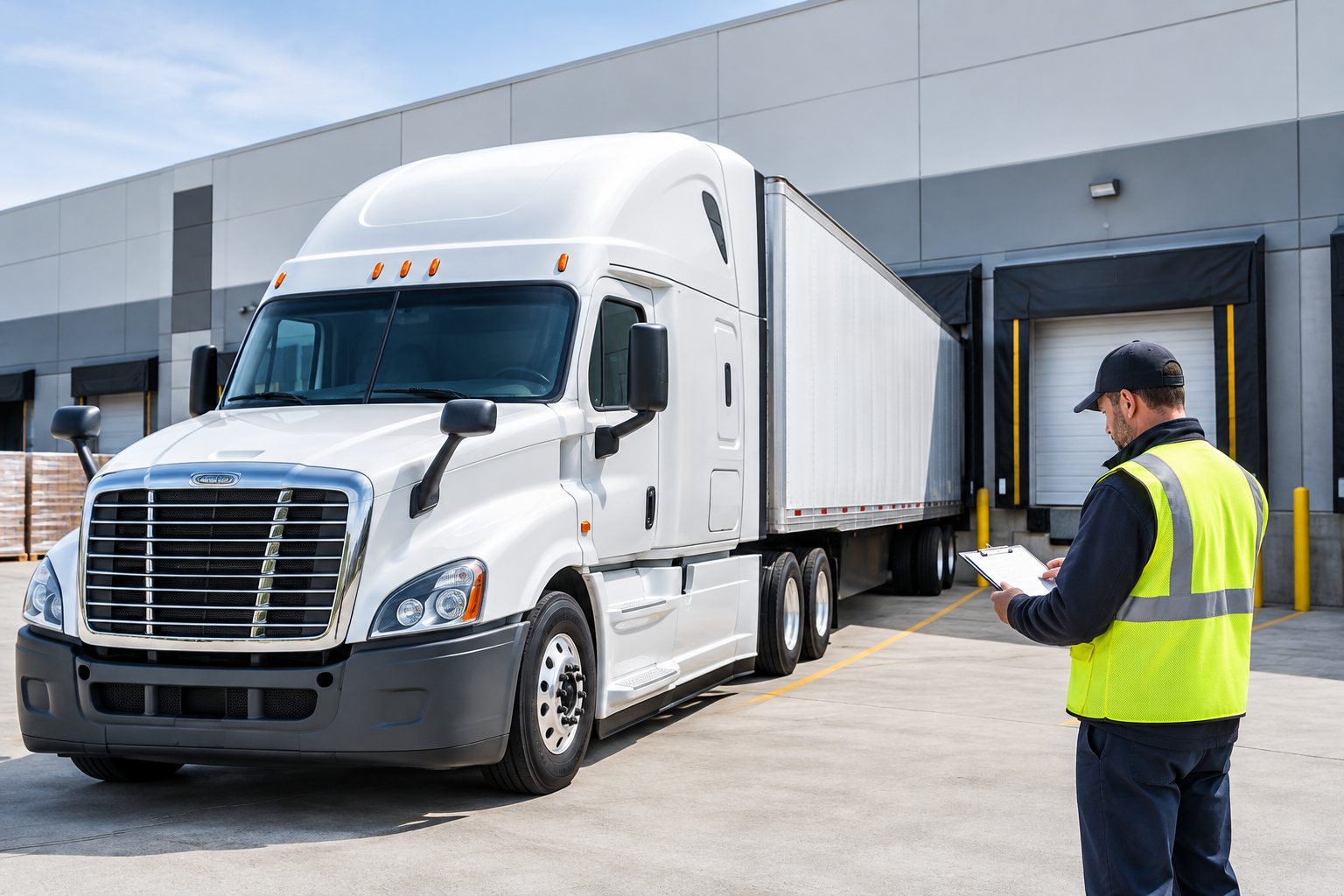 Professional white freight truck parked at a modern loading dock with logistics staff reviewing delivery paperwork