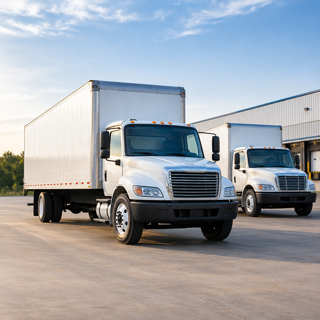 Professional trucking fleet lined up at a modern logistics yard in daylight, with clean trailers and active freight operations