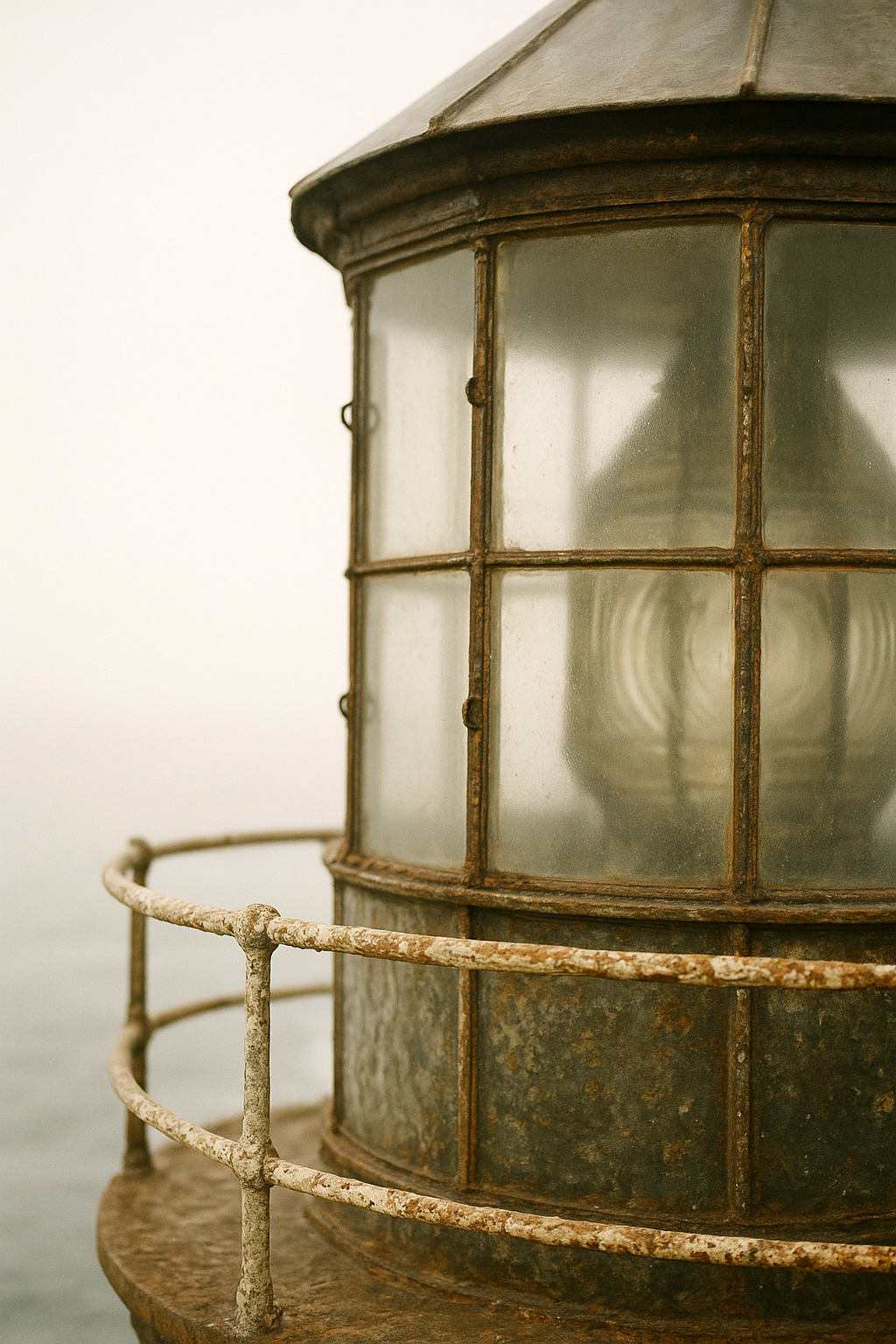Close archival-style detail of weathered lighthouse lantern glass and salt-worn metal framing in warm film-inspired tones